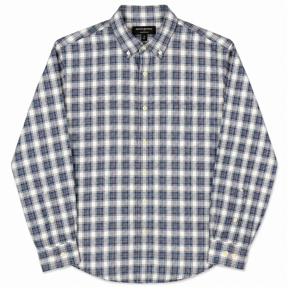 Banana Republic Mens Medium Untucked Shirt Blue Plaid Button Front 100% Cotton